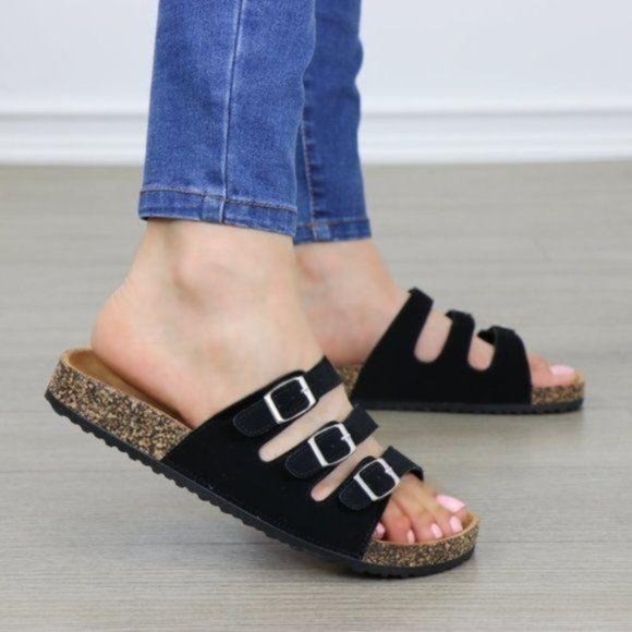 Black Velvet 3 Buckle Strap Slider Sandals - Picture 5 of 7